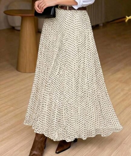 Women's Elegant Elastic Waist Apricot & Black Polka Dot Pleated
