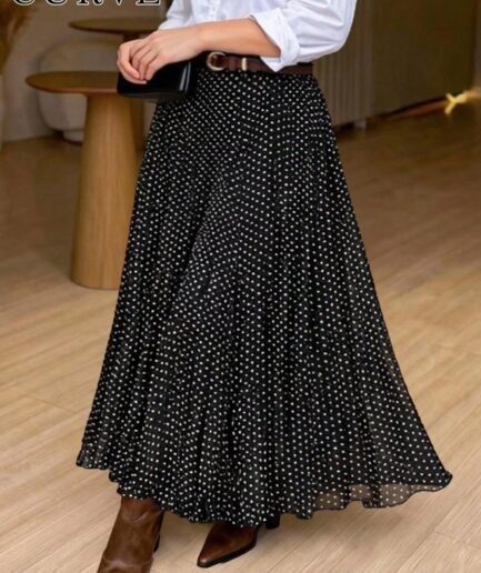 Plus Size Women's Elegant Elastic Waist Black & White Polka