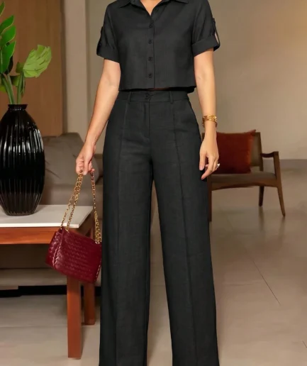 ANCHOSE Women's Summer Black Lapel Rolled Sleeve Shirt