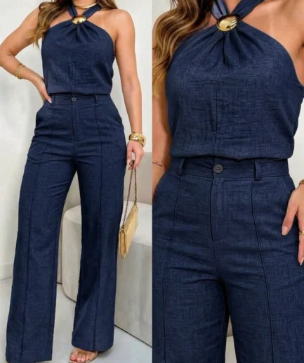ANCHOSE Women's Navy Blue Sleeveless Halter Top